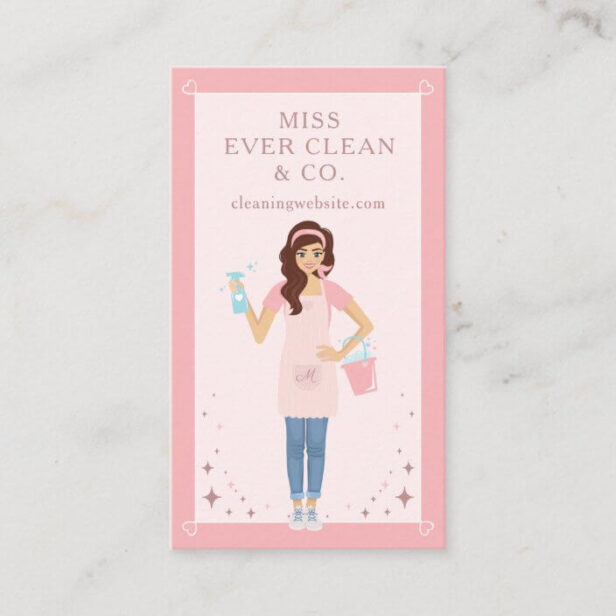 Modern Pretty Woman Holding Spray Bottle Cleaning & Maid Services Pink Vertical Business Card