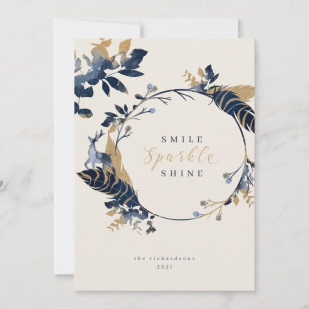 Navy & Gold Jewels Feathers & Foliage Wreath Holiday Card