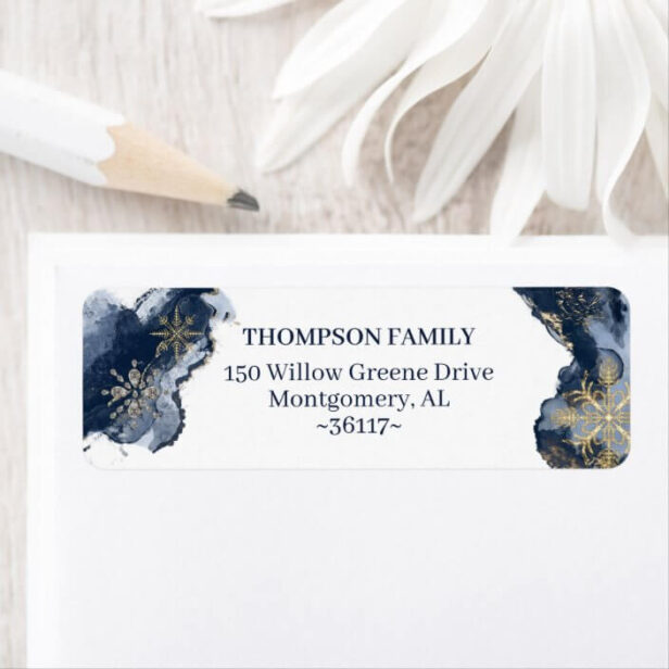 Navy & Gold Watercolor Gold Snowflakes & Jewels Label