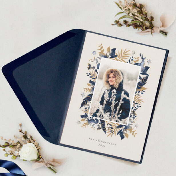 Navy & Gold Jewels Feathers & Foliage Photo Wreath Holiday Card
