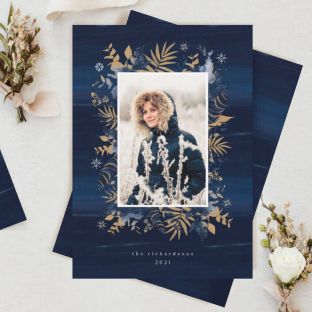 Navy & Gold Jewels Feathers & Foliage Photo Wreath Holiday Card
