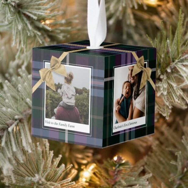 Purple Plaid Gift Wrapped & Bow Present Photos Cube Ornament