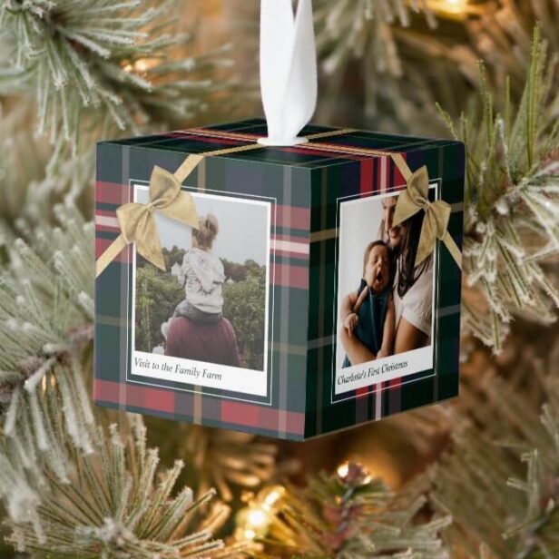 Red Plaid Gift Wrapped & Bow Present Photos Cube Ornament