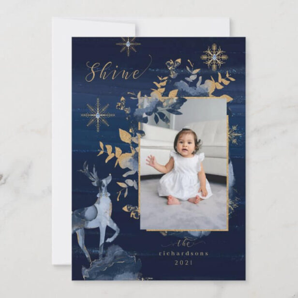 Shine Navy Gold Snowflakes Reindeer & Jewels Photo Holiday Card
