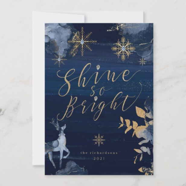 Shine So Bright Navy Gold Snowflakes & Reindeer Holiday Card