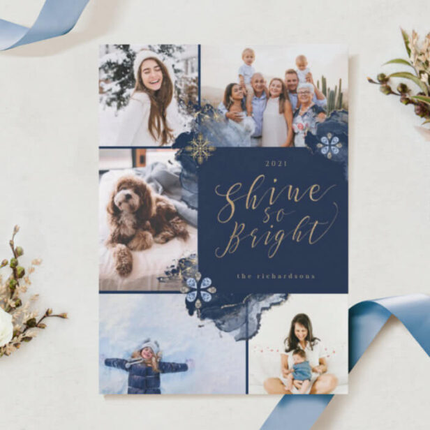 Shine So Bright & Navy Gold Agate Ink Five Photo Holiday Card
