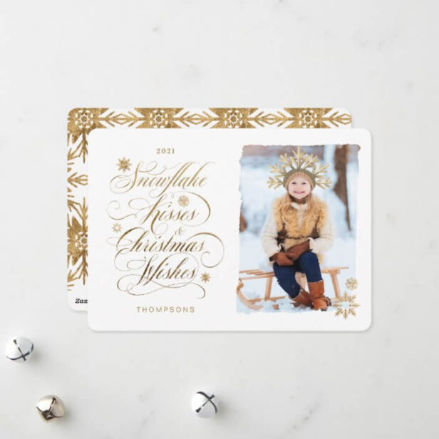 Snowflake Kiss Christmas Wishes Gold Script Photo Holiday Card