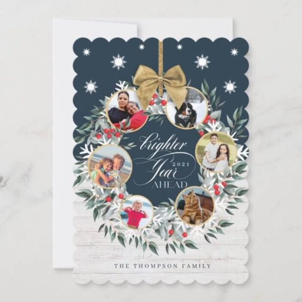 Snowflake Photo Collage Wreath Navy & White Wood Holiday Card