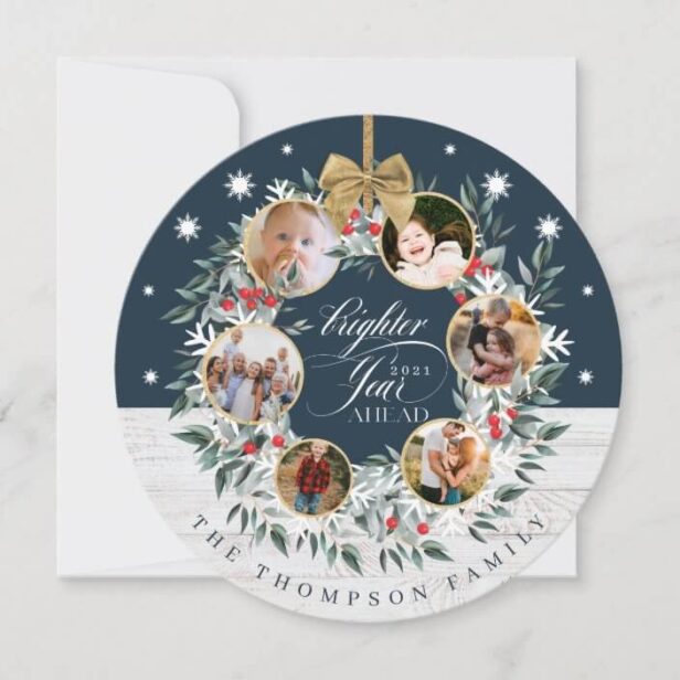 Snowflake Photo Collage Wreath Navy & White Wood Holiday Card