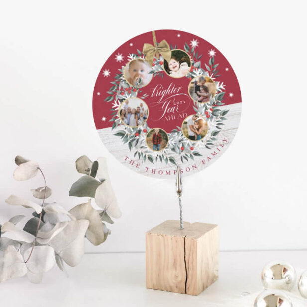 Snowflake Photo Collage Wreath Red & White Wood Holiday Card