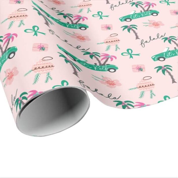 Tropical Christmas Fala Lets Roll Teal Convertible Pink Wrapping Paper