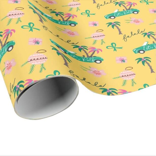 Tropical Christmas Fala Lets Roll Teal Convertible Yellow Wrapping Paper