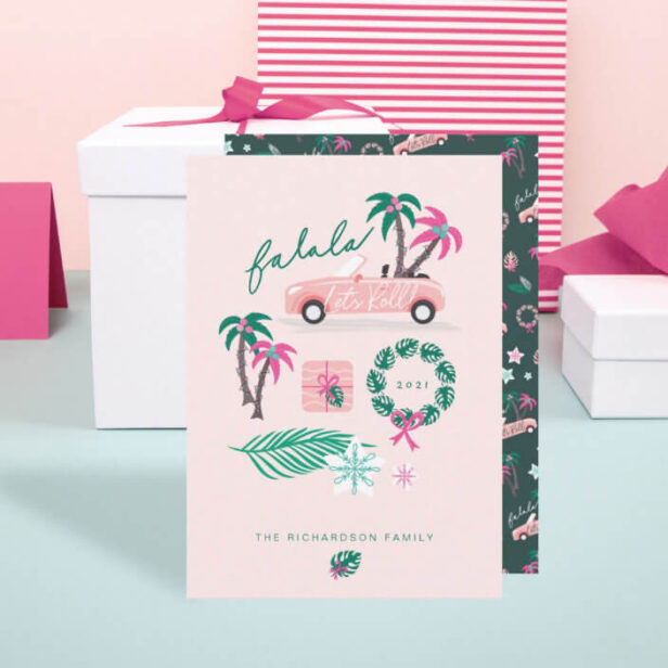 Tropical Christmas Fala Lets Roll Pink Convertible Holiday Card