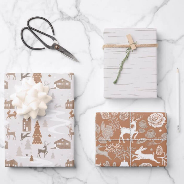 Woodland Foxes, Rabbit & Reindeer Village & Floral Wrapping Paper Sheets