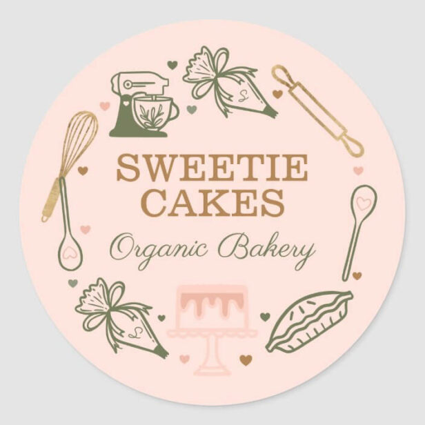 Baking & Cooking Utensil Pink & Olive Green Classic Round Sticker