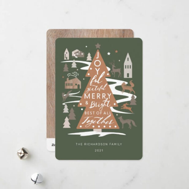 Christmas Tree Woodland Animals & Cozy Village Holiday Card