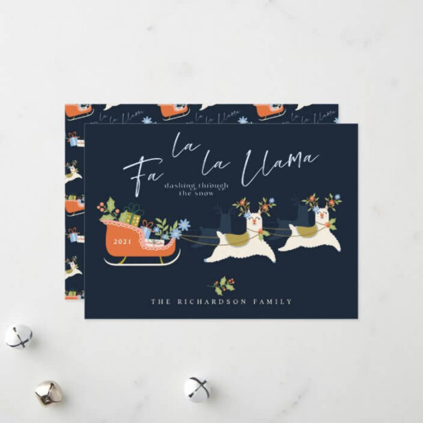Fa La La Christmas Llama Reindeers & Sleigh Gifts Navy Holiday Card
