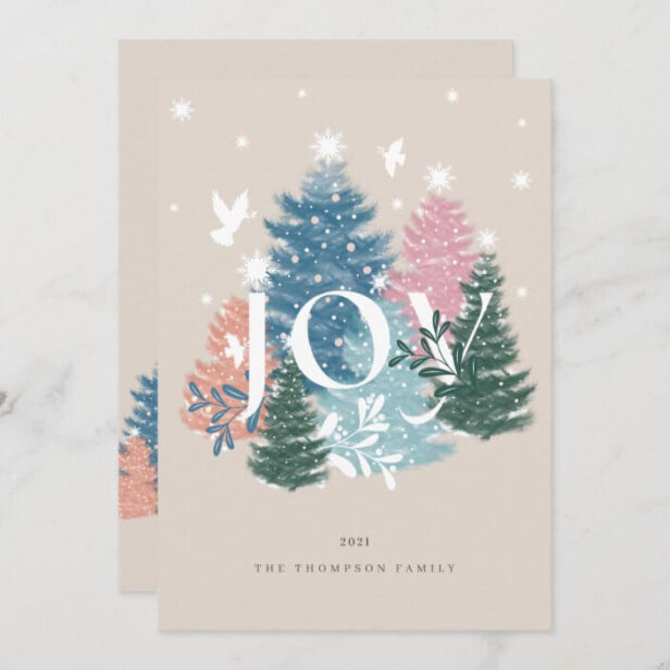 Joy Pastel Watercolor Christmas Tree Forest & Dove Cream Holiday Card