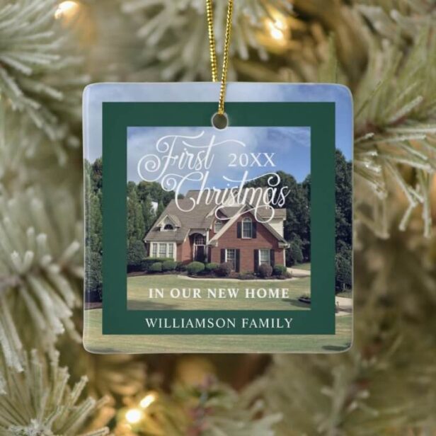 First Christmas In Our New Home Modern Green Photo Frame Ceramic Ornament