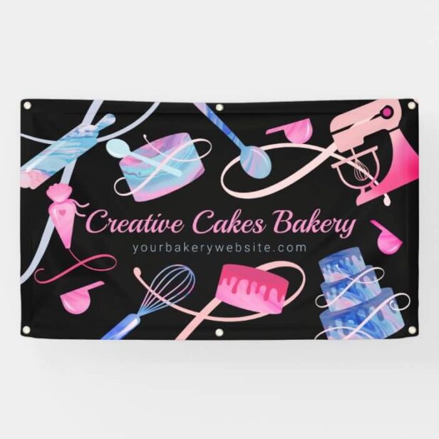 Fun Pink Blue Marble Bakery Cakes Tools & Utensils Banner