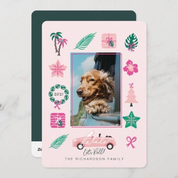 Fun Tropical Christmas Lets Roll Convertible Photo Pink Holiday Card