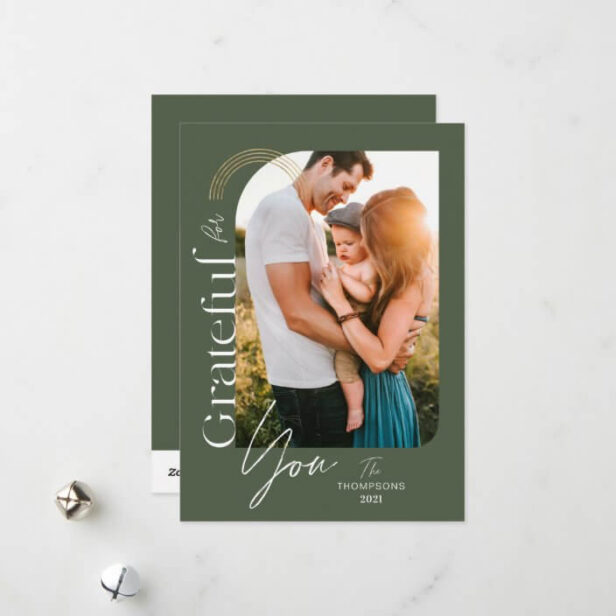 Grateful For You Modern Geometric Arch One Photo Green Holiday Card