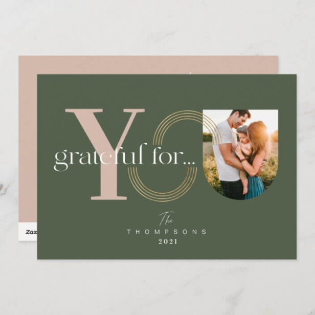 Grateful For You Modern Geometric Arch One Photo Olive Green Holiday Card