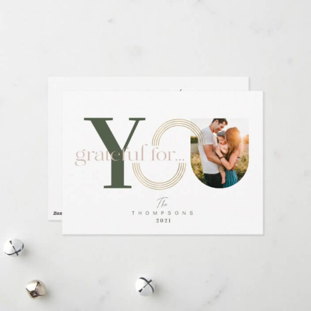 Grateful For You Modern Geometric Arch One Photo White Holiday Card