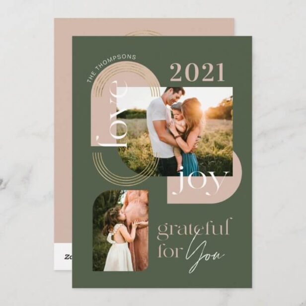 Grateful For You Modern Geometric Arch Two Photos Olive Green Holiday Card