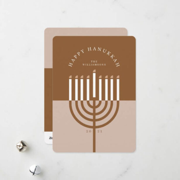 Happy Hanukkah Modern Menorah Candle Brown & Pink Holiday Card