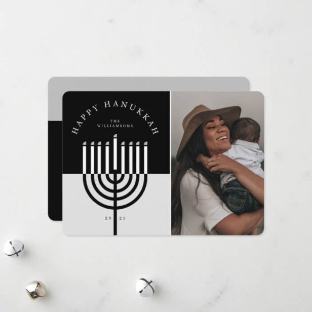 Happy Hanukkah Modern Menorah Candle Family Photo Black Holiday Card