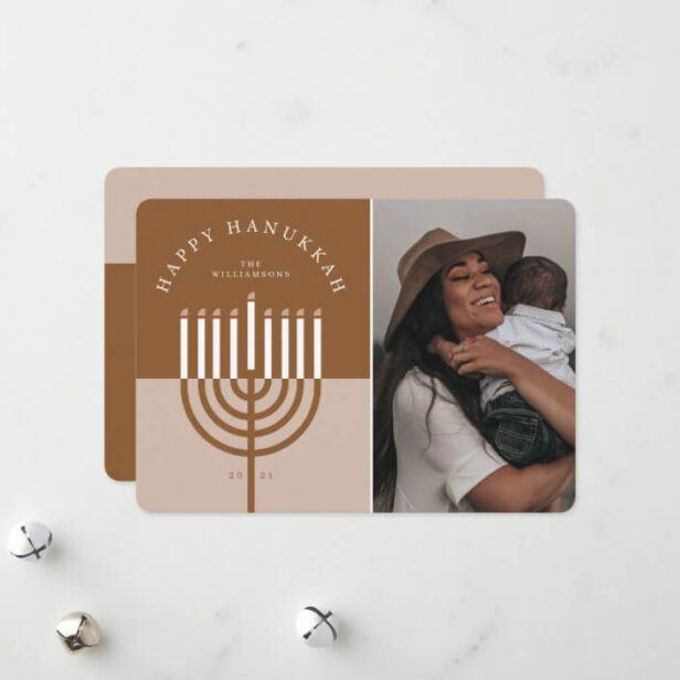 Happy Hanukkah Modern Menorah Candle Family Photo Gold Holiday Card