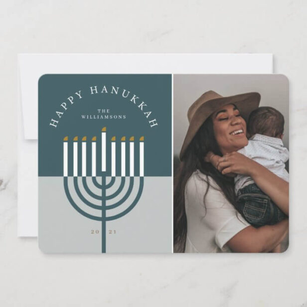 Happy Hanukkah Modern Menorah Candle Family Photo Teal Holiday Card