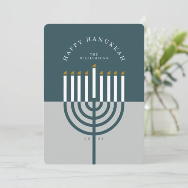 Happy Hanukkah Modern Menorah Candle Teal Blue Holiday Card