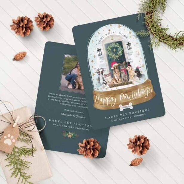 Happy Pawlidays Dogs Pet Care Business Green Door Holiday Card