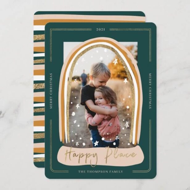 Happy Place Modern Snow Globe Christmas Photo Green Veritical Holiday Card