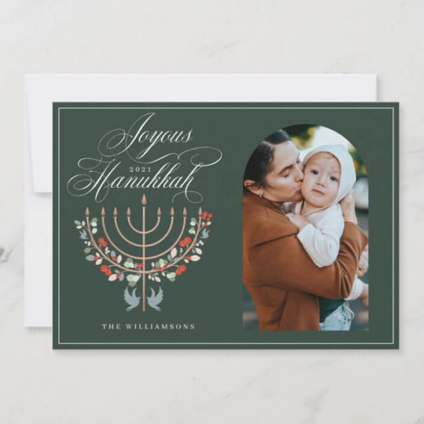 Joyous Hanukkah Festive Menorah Candle Photo Green Holiday Card