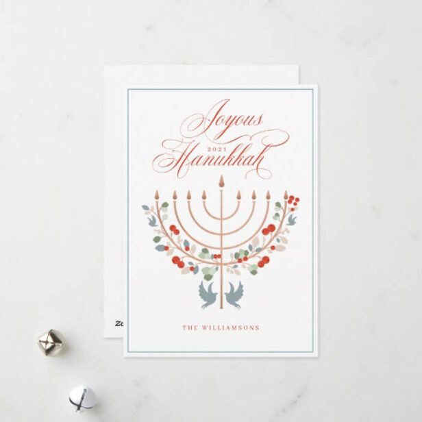 Joyous Hanukkah Festive Menorah Candle Photo White Holiday Card