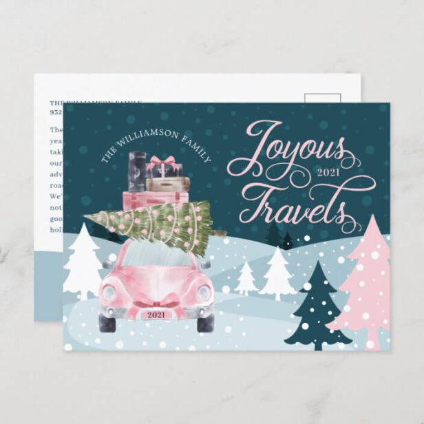 Joyous Travels Road Trip Pink Retro Watercolor Car Holiday Postcard