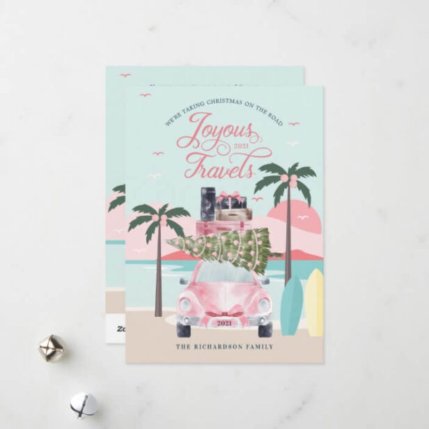 Joyous Travels Tropical Road Trip Pink Retro Car Holiday Card