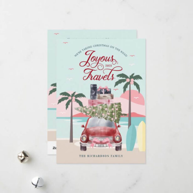 Joyous Travels Tropical Road Trip Red Retro Car Holiday Card
