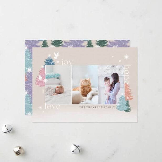 Love Joy Hope Pastel Christmas Tree Forest 3 Photo Cream Holiday Card