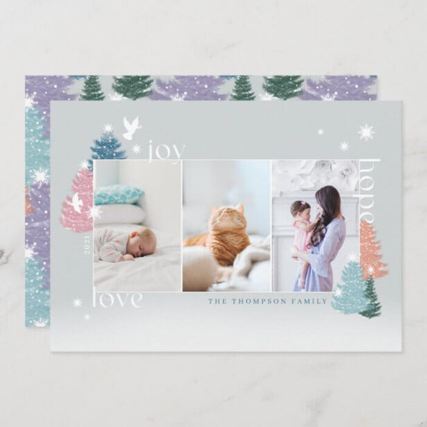 Love Joy Hope Pastel Christmas Tree Forest 3 Photo Blue Holiday Card