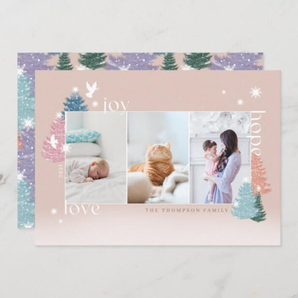 Love Joy Hope Pastel Christmas Tree Forest 3 Photo Blush Pink Holiday Card