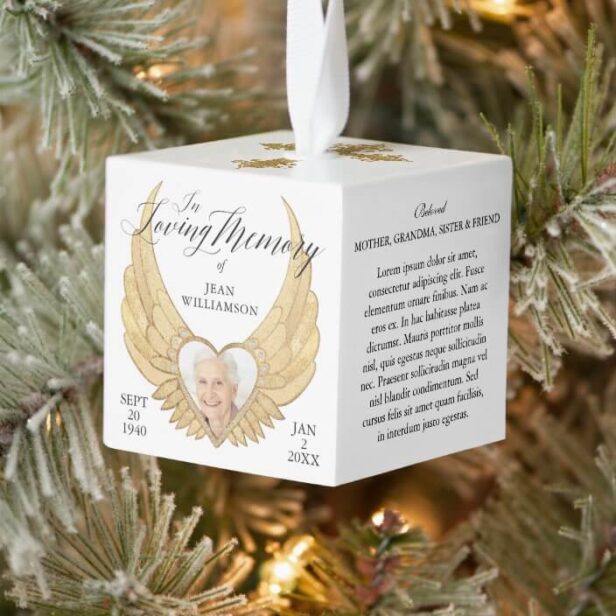 Loving Memory Gold Angel Wings Photo Keepsake White Cube Ornament