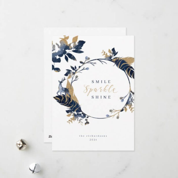 Navy & Gold Jewels Feathers & Foliage Wreath Holiday Card