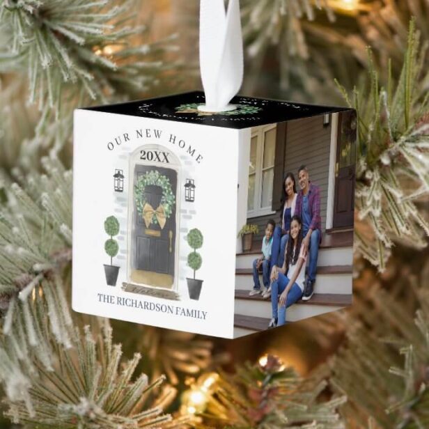 New Home For the Holidays Black Watercolor Door Cube Ornament