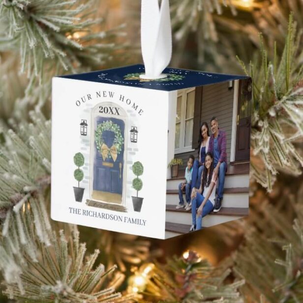 New Home For the Holidays Navy Watercolor Door Cube Ornament
