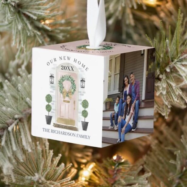 New Home For the Holidays Pink Watercolor Door Cube Ornament
