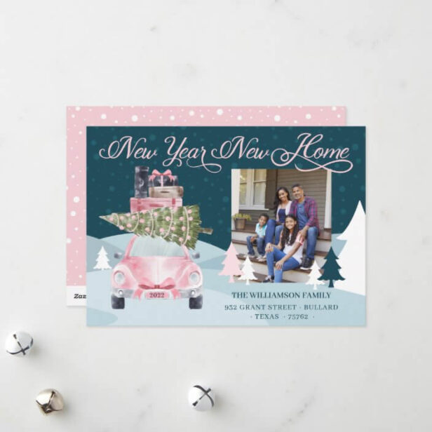 New Year New Home Chic Pink Retro Car Moving Photo Holiday Card